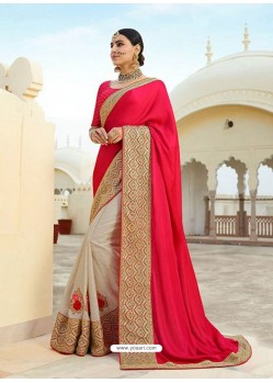Stunning Fuchsia And Off White Embroidered Net Designer Party Wear Saree