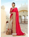 Stunning Fuchsia And Off White Embroidered Net Designer Party Wear Saree