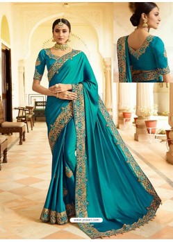 Teal Blue Embroidered Net Designer Party Wear Saree