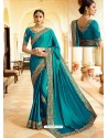 Teal Blue Embroidered Net Designer Party Wear Saree