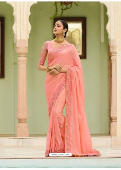 Wonderful Peach Embroidered Net Designer Party Wear Saree