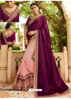 Pretty Purple And Pink Embroidered Net Designer Party Wear Saree