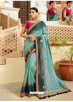 Sky Blue And Teal Blue Embroidered Net Designer Party Wear Saree