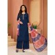 Navy Blue Cotton Satin Embroidered Straight Suit