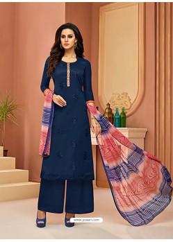 Navy Blue Cotton Satin Embroidered Straight Suit
