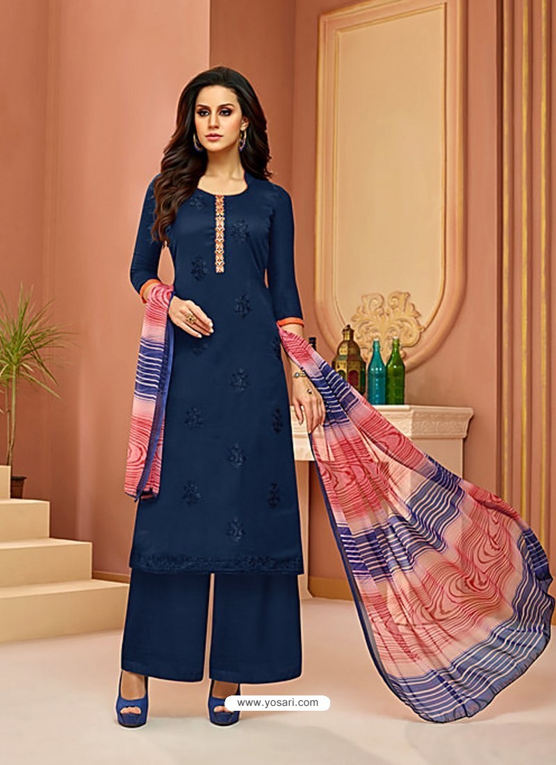 Buy Navy Blue Cotton Satin Embroidered Straight Suit | Palazzo Salwar Suits