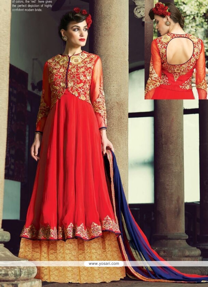 Refreshing Red Georgette And Net Anarkali Suit