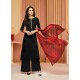 Black Cotton Satin Embroidered Straight Suit