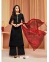 Black Cotton Satin Embroidered Straight Suit