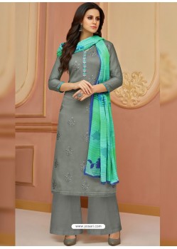 Grey Cotton Satin Embroidered Straight Suit