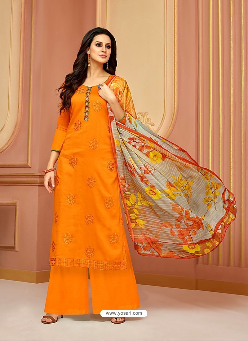 Buy Orange Cotton Satin Embroidered Straight Suit | Palazzo Salwar Suits