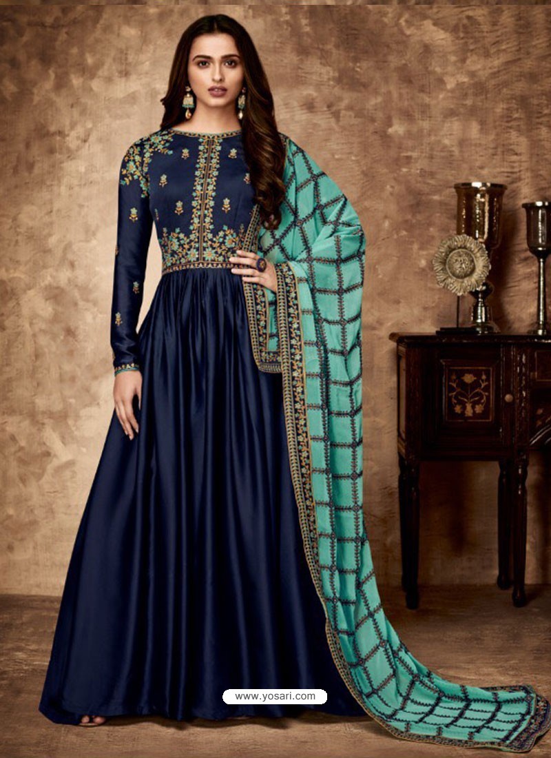 Buy Navy Blue Royal Georgette Satin Embroidered Designer Anarkali Suit ...