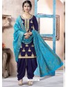 Navy Blue Pure Upadda Silk Embroidered Designer Salwar Suit