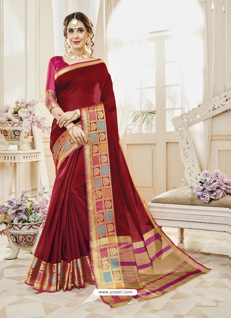 Buy Maroon Cotton Silk Designer Woven Saree | Designer Sarees