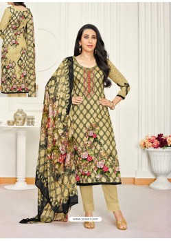 Khaki Pure Satin Embroidered Straight Suit