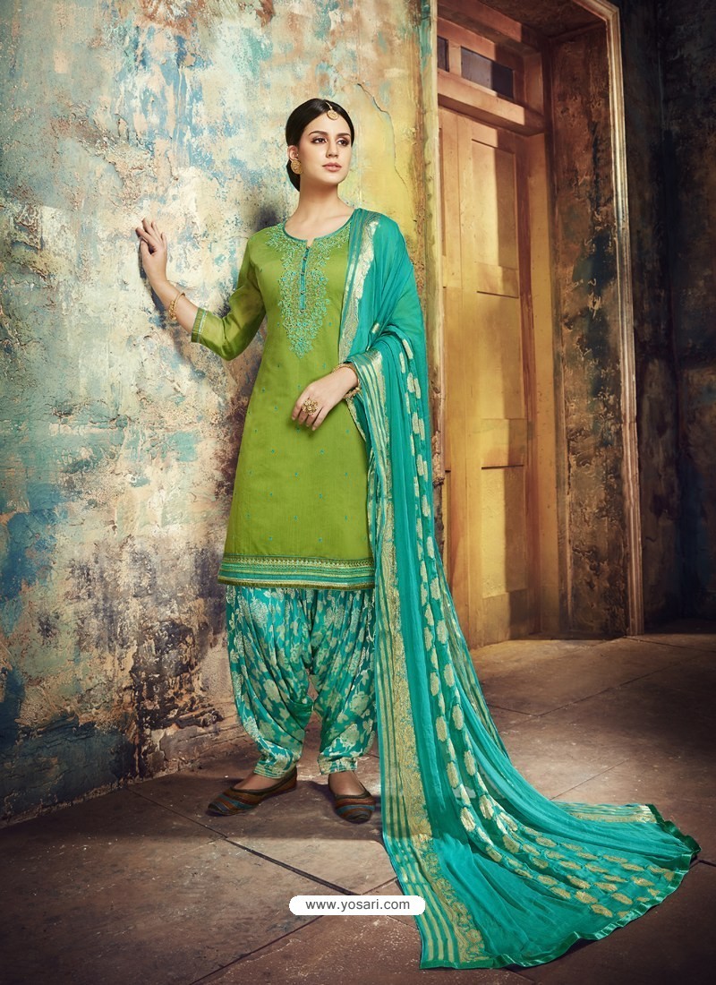 Buy Green Embroidered Chanderi Silk Designer Patiala Salwar Suit ...