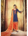 Navy Blue Embroidered Chanderi Silk Designer Patiala Salwar Suit