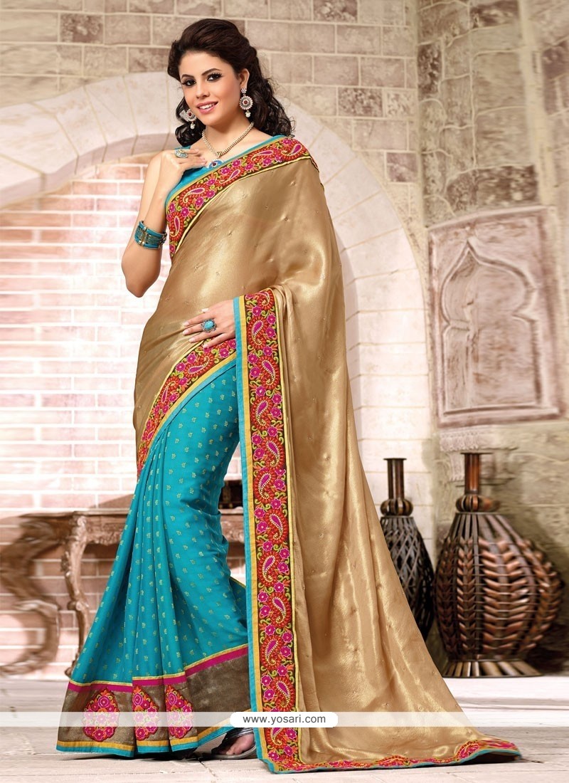 Turquoise Blue And Beige Faux Georgette Designer Saree