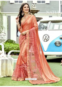 Orange Lycra And Net Thread Embroidered Designer Saree