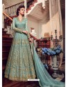 Turquoise Premium Net Embroidered Designer Anarkali Suit