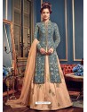 Teal Blue And Cream Swiss Georgette Embroidered Designer Anarkali Suit