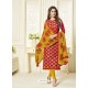Red And Mustard Banarasi Jacquard Embroidered Designer Churidar Suit