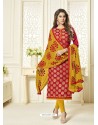 Red And Mustard Banarasi Jacquard Embroidered Designer Churidar Suit