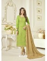Parrot Green Banarasi Jacquard Embroidered Designer Churidar Suit