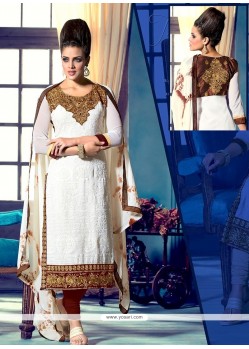 Tantalizing White And Brown Georgette Churidar Suit