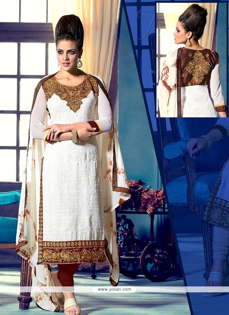 Tantalizing White And Brown Georgette Churidar Suit