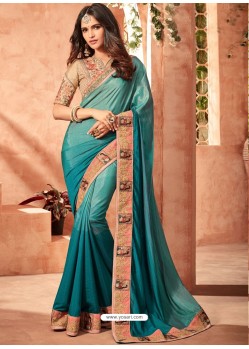 Teal Fusion Silk Embroidered Designer Party Wear Saree