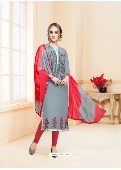 Grey Glace Cotton Embroidered Churidar Suit