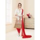 Off White Glace Cotton Embroidered Churidar Suit