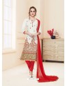 Off White Glace Cotton Embroidered Churidar Suit