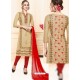 Beige Glace Cotton Embroidered Churidar Suit