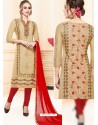 Beige Glace Cotton Embroidered Churidar Suit