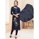 Navy Blue Glace Cotton Embroidered Churidar Suit