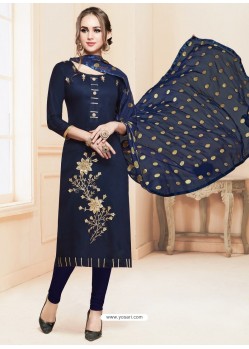 Navy Blue Glace Cotton Embroidered Churidar Suit