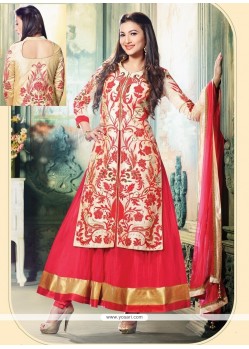 Gauhar Khan Cream And Red Soft Net Anarkali Suit