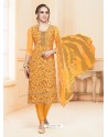 Latest Orange Glace Cotton Embroidered Churidar Suit