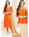 Glorious Orange Glace Cotton Embroidered Churidar Suit