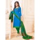 Blue And Green Slub Cotton Hand Worked Churidar Suit