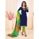 Navy Blue And Green Slub Cotton Hand Worked Churidar Suit