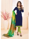 Navy Blue And Green Slub Cotton Hand Worked Churidar Suit