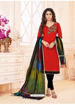 Red And Black Slub Cotton Hand Worked Churidar Suit