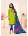 Parrot Green And Blue Slub Cotton Hand Worked Churidar Suit