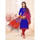 Royal Blue And Red Slub Cotton Hand Worked Churidar Suit