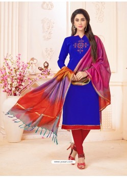 Royal Blue And Red Slub Cotton Hand Worked Churidar Suit