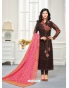 Coffee Faux Georgette Embroidered Designer Churidar Suit