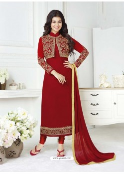Red Pure Georgette Embroidered Designer Churidar Suit